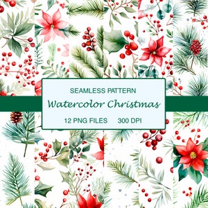 Seamless Watercolor Winter Digital Paper Pack, Snowy Holiday Repeating Pattern, Christmas Festive Seamless Texture Background, Scrapbooking