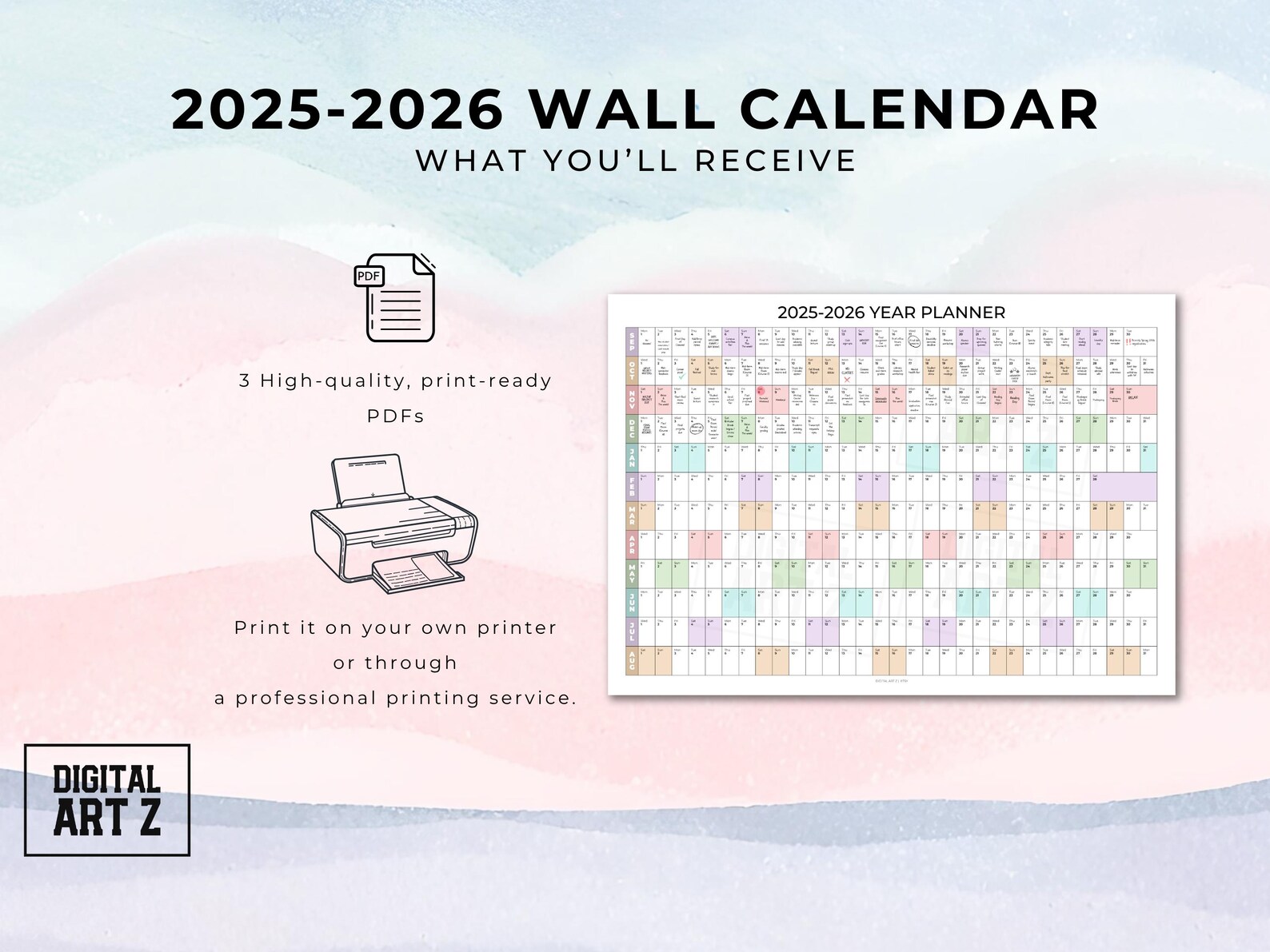 2025-2026 Academic Wall Calendar, Rainbow Printable Planner (PDF) - Etsy