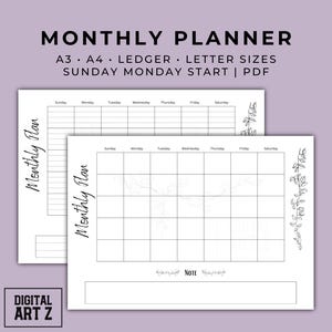 Planificador mensual imprimible sin fecha, calendario en blanco, inicio en domingo, resumen del mes, atemporal, inicio en lunes, carta, 11 x 17, A4, A3, PDF listo