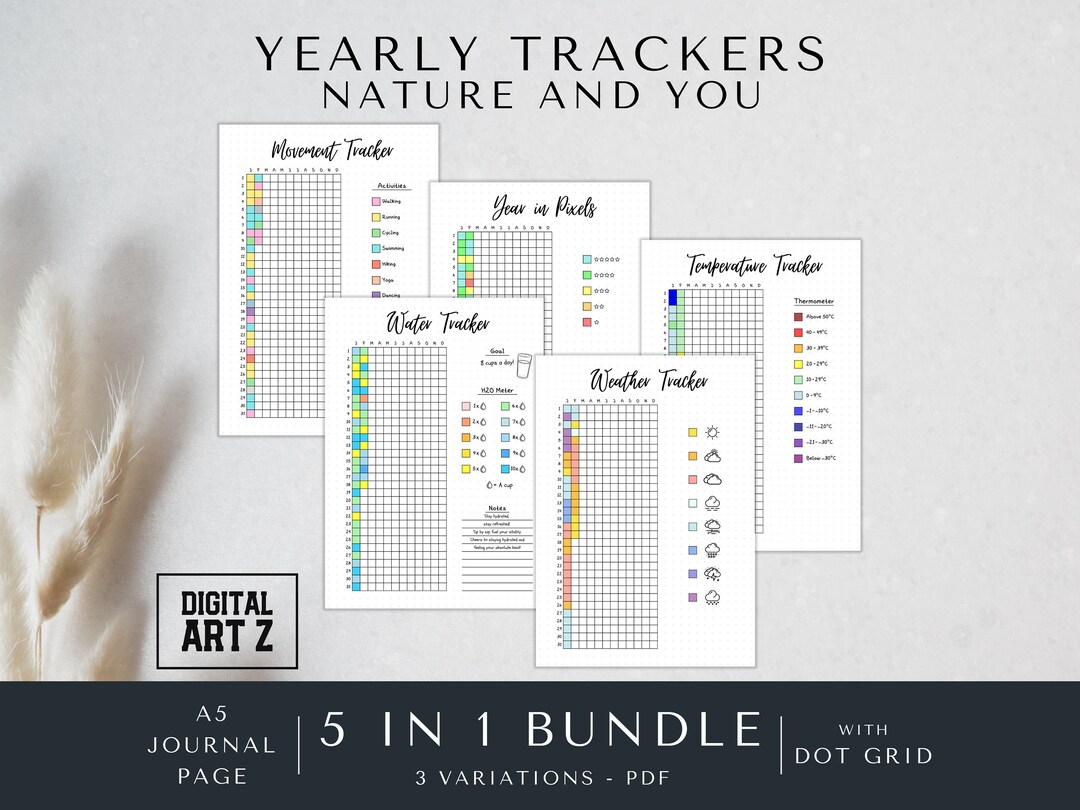 Yearly Tracker Bundle, A5 Bullet Journal Sheet, Printable Page, Year in ...