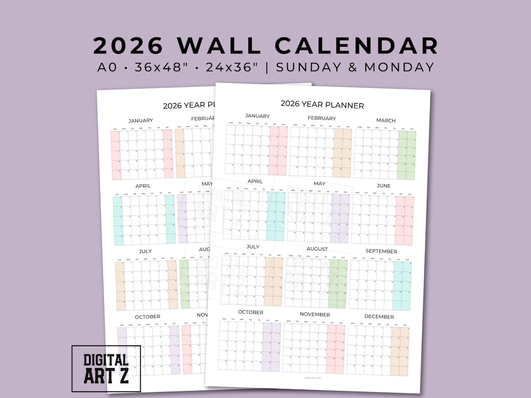 2026 Wall Calendar, Minimalist Pastel Design, Large Yearly Planner (PDF ...