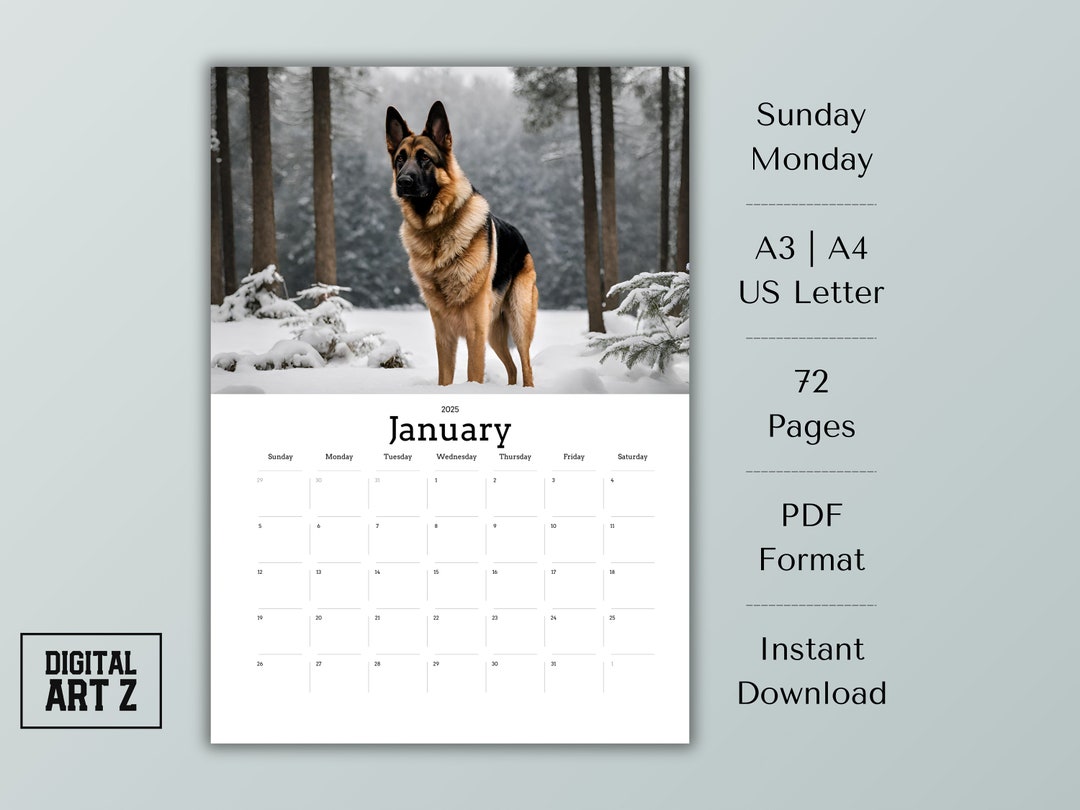 German Shepherd 2025 Calendar Sunday & Monday Start Printable Monthly