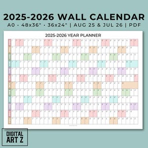 Op de afbeelding: Een 2025-2026 wandkalender met een jaarplanner ontwerp. De kalender is beschikbaar in A0-formaat, met afmetingen van 122x91 cm en 91x61 cm. De kalender bevat data van 25 augustus tot 26 juli. De tekst "DIGITAL ART Z" staat onderaan.