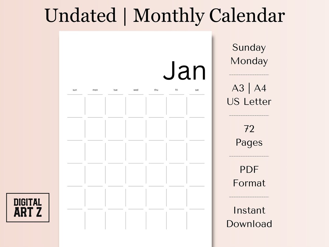 Minimalistic Undated Printable Monthly Calendar A4 A3 US - Etsy