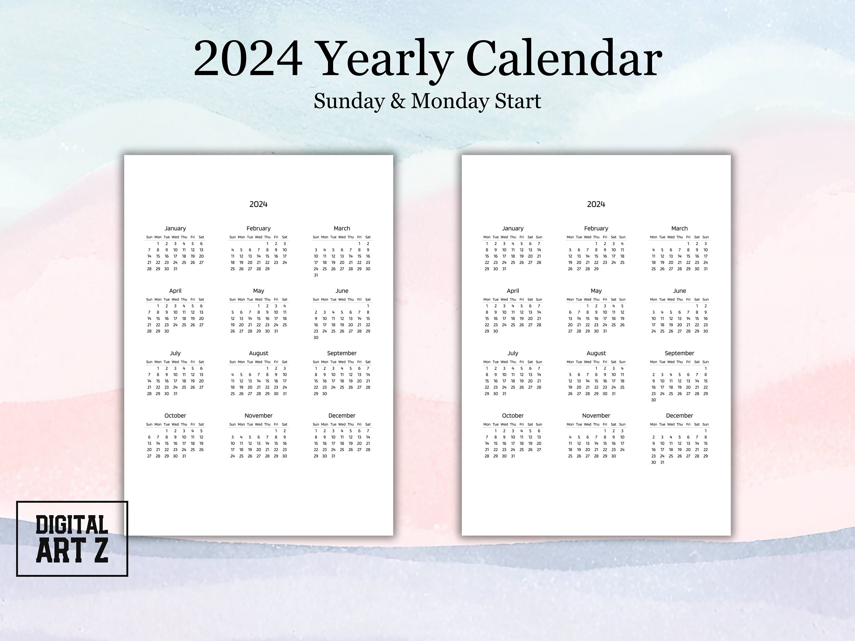 Single Page Yearly Calendar 2024 Year at a Glance Wall A3, A4, A5, US ...