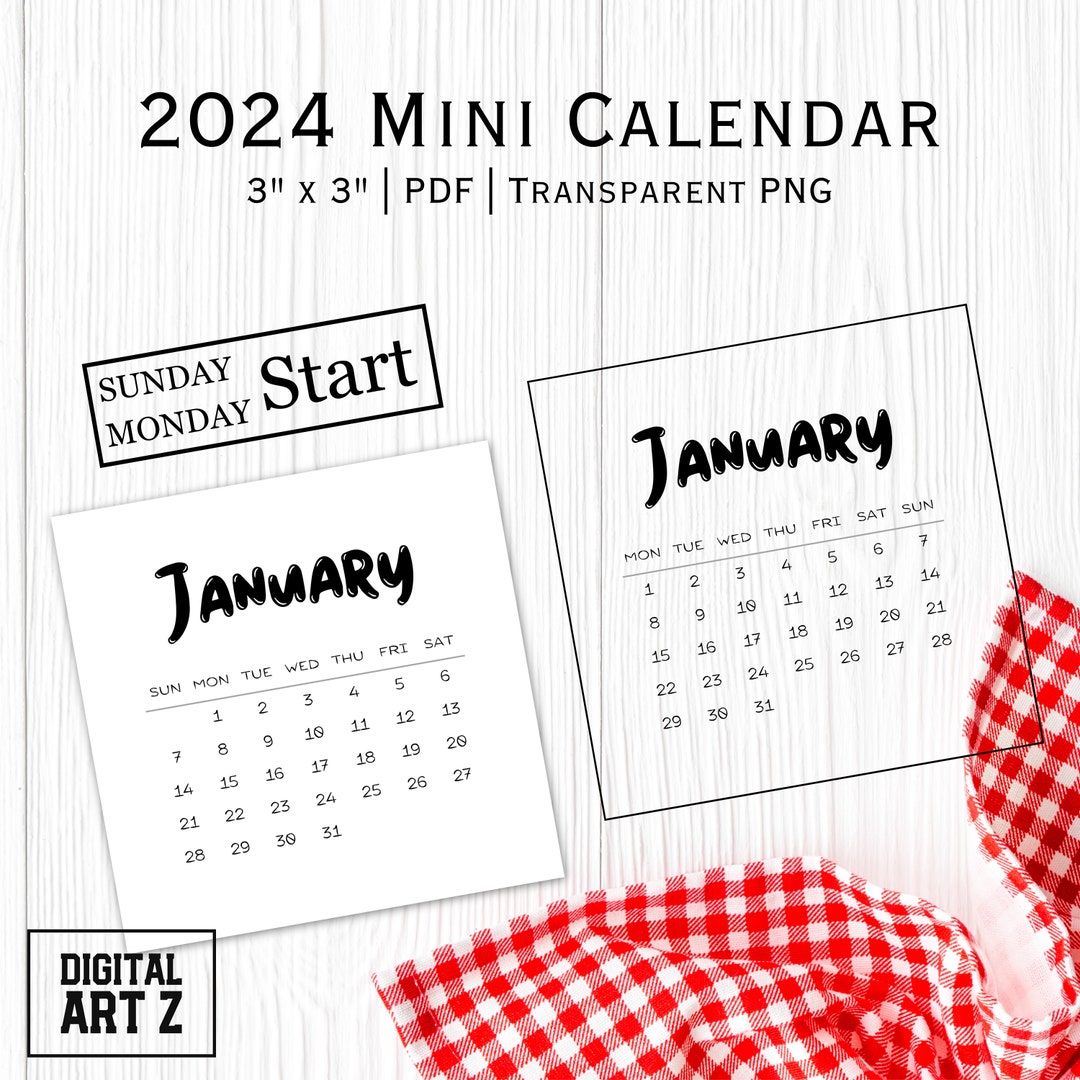 2024 Mini Calendar PNG Printable, Transparent, PDF, Simple Monthly