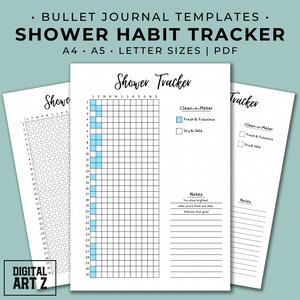 Registro diario de duchas, planificador imprimible tamaño carta A4/A5, hoja de bullet journal, anual, lavado de cabello, autocuidado, registro de hábitos, con cuadrícula de puntos