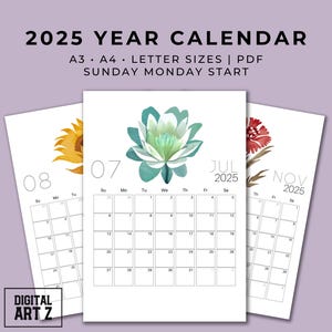 2025 Aquarell Blumenkalender | A4, A3, US Letter | Sonntag & Montag Start | Monatlich | Druckbar | Sofortdownload | PDF | Blumenkalender