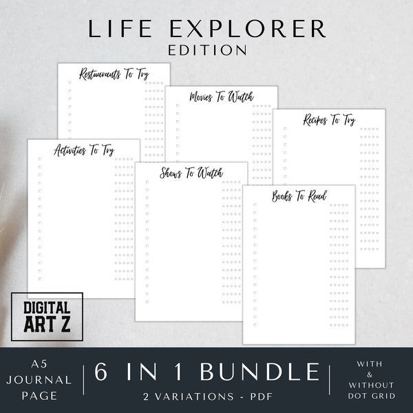 Life Explorer Edition, A5 Journal Page, Printable Dot Grid Trackers, Books To Read, Movies To Watch, Recipes To Try, Restaurants To Try, PDF