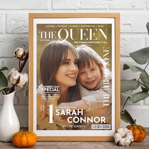Portada de revista personalizada para el Día de la Madre, imprimible, regalo artístico personalizado, regalo único para mamá, esposa, póster fotográfico de reina, regalos para el Día de la Madre.