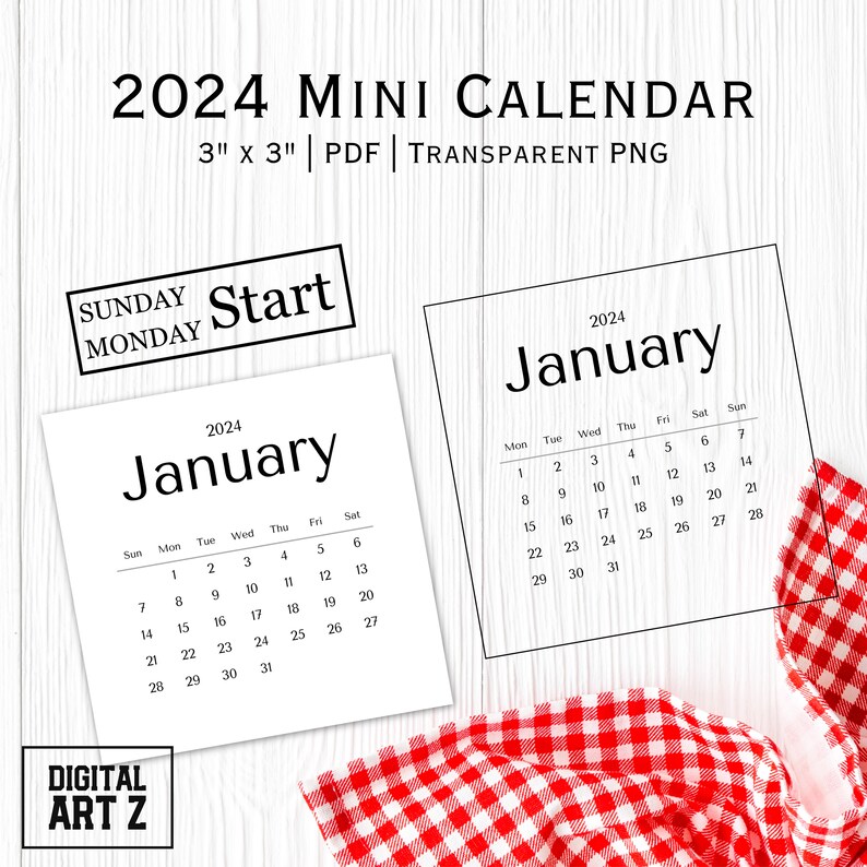 2024 Mini Calendar Printable, Transparent PNG, PDF, Minimal Monthly Calendars for Digital ...