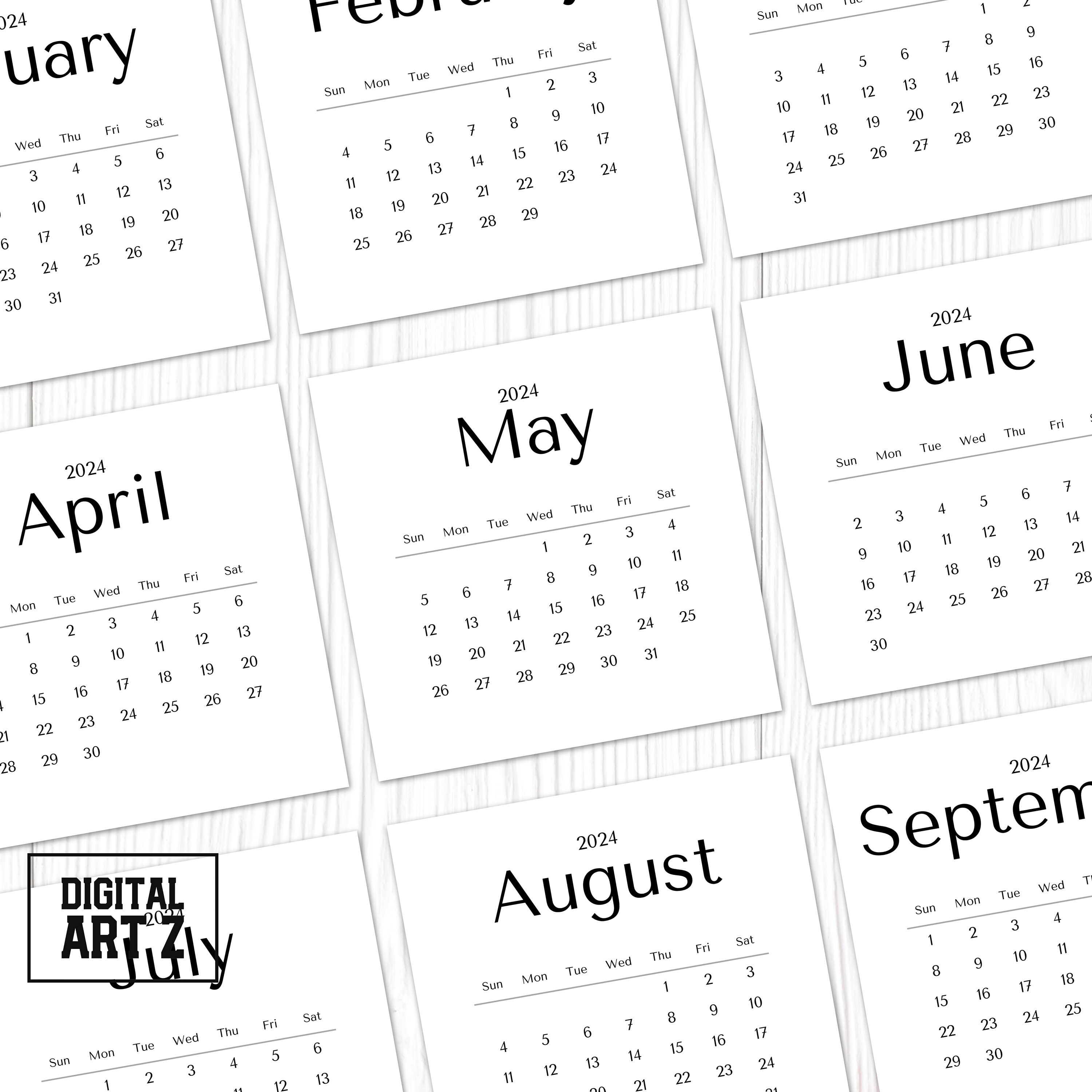 2024 Mini Calendar Printable, Transparent PNG, PDF, Minimal Monthly