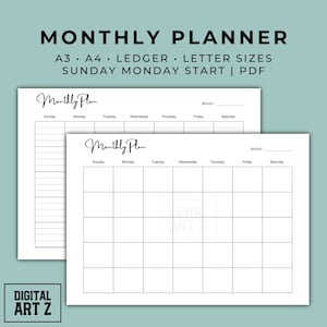 Minimalist Monthly Planner Printable, Big Undated Calendar Page, Minimalist Planner, Sunday - Monday Start, Letter, 11x17, A4, A3, Ready PDF
