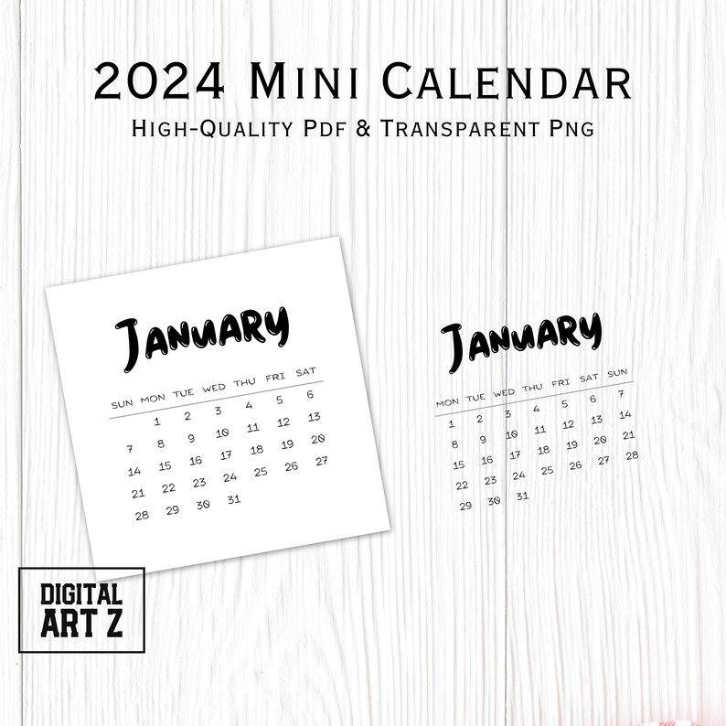 2024 Mini Calendar PNG Printable, Transparent, PDF, Simple Monthly