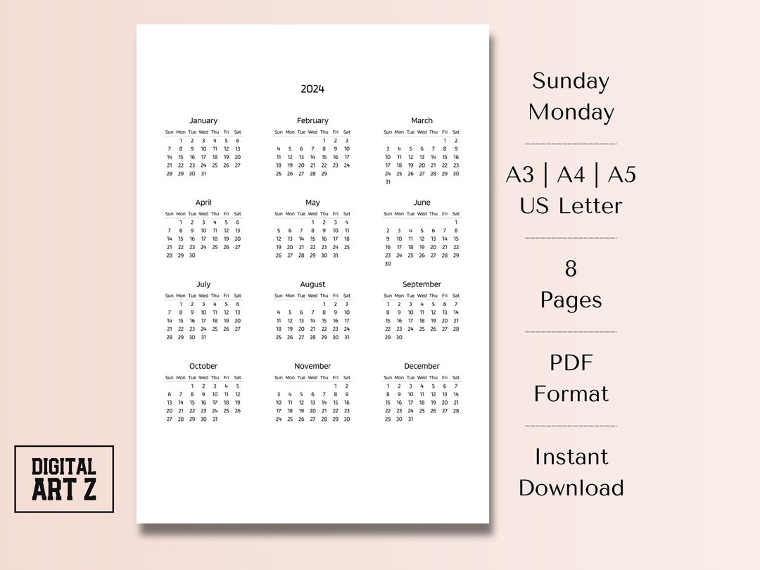 Single page yearly calendar 2024 year at a glance wall a3 a4 a5 us