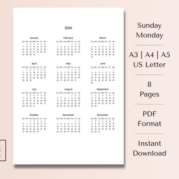 Single Page Yearly Calendar 2024 | Year at a Glance | Wall |  A3, A4, A5, US Letter | Monday Start | Sunday Start | Printable PDF