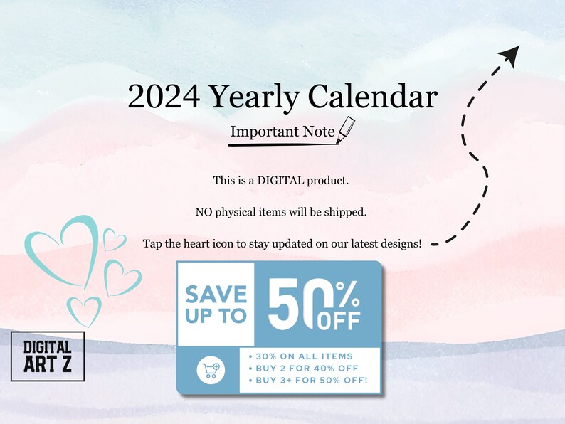 Single page yearly calendar 2024 year at a glance wall a3 a4 a5 us