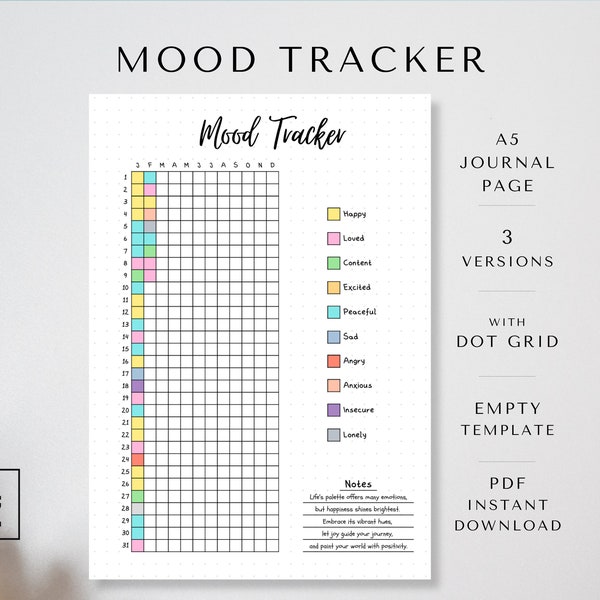 Mood in Pixels , A5 Printable Page, Bullet Journal Rating Sheet, Daily Feeling, Mood Tracker, Dot Grid, Download, PDF