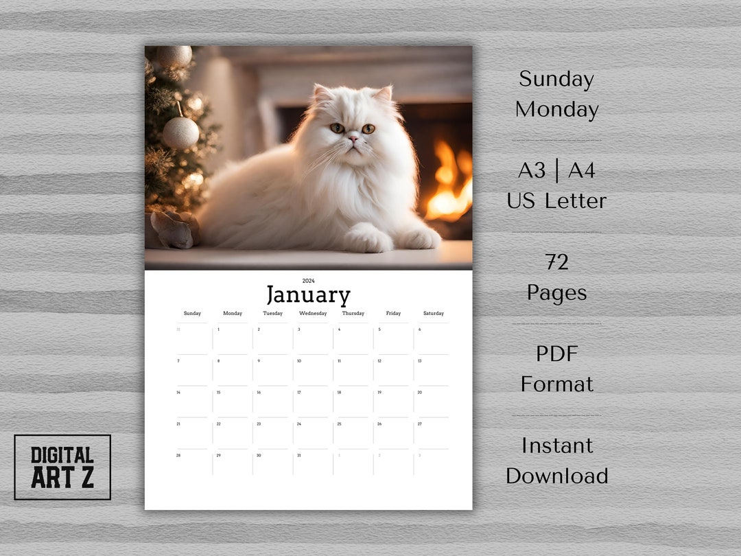 2024 Persian Cat Calendar Printable Monthly A3, A4, Letter 8.5 X 11