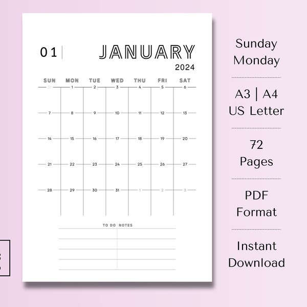 2024 Monthly Calendar | A4, A3, US Letter | PDF | Sunday & Monday Start | Instant Download | Printable Planner | 2024 Wall Calendar