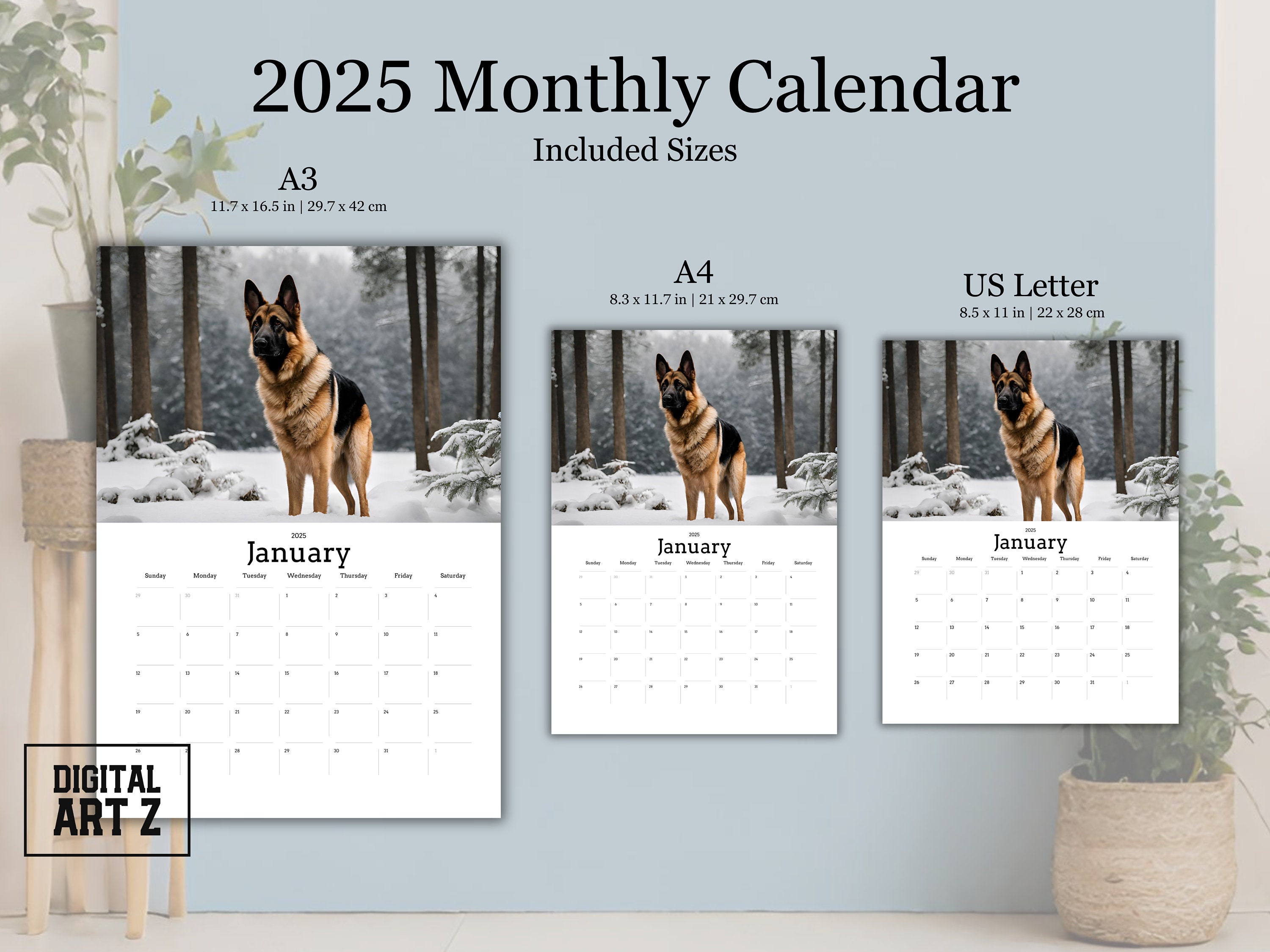 German Shepherd 2025 Calendar Sunday & Monday Start Printable Monthly