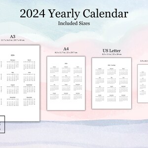 Single Page Yearly Calendar 2024 Year at a Glance Wall A3, A4, A5, US ...