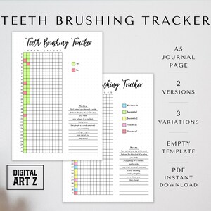 Registro anual de cepillado de dientes, Hoja de bullet journal imprimible A5, Página de cuidado dental, Higiene dental, Registro de uso de hilo dental, Cuadrícula de puntos, Descargar, PDF