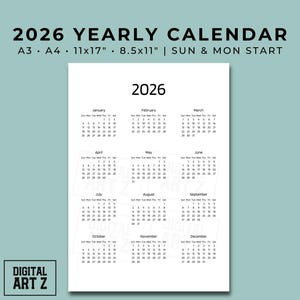 2026 Yearly Calendar Print PDF, 12 Months Wall Year Calendar, Portrait Year at a Glance, A3 A4, 11x17, Letter, Sunday Monday Start Printable