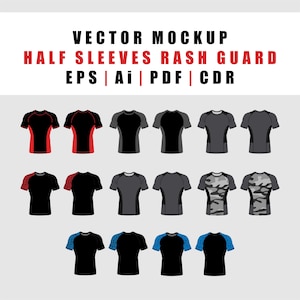 Könnte beinhalten: Ein Vektor-Mockup von Rash Guards mit halben Ärmeln in verschiedenen Designs. Die Shirts sind schwarz, grau und Camouflage, mit roten, blauen und gemusterten Ärmeln. Der Text oben lautet "VECTOR MOCKUP HALF SLEEVES RASH GUARD EPS | Ai | PDF | CDR."