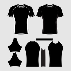 Puede incluir: Ilustración vectorial de camisetas deportivas negras con detalles en blanco y gris. La imagen incluye dos camisetas terminadas y las piezas del patrón utilizadas para crear las camisetas. Las camisetas tienen mangas cortas y cuello redondo.