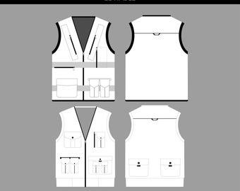 Modello modificabile di gilet di sicurezza e militare / Modello di abbigliamento tattico da lavoro (AI, EPS, PDF)