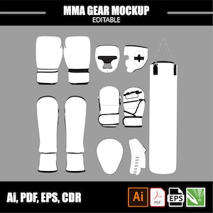 Guanti MMA, guantoni da boxe, sacco da boxe, protezione per la messa a fuoco, parastinchi, modello vettoriale modificabile