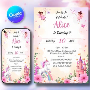 Modelo de convite de aniversário de princesa e fada editável do Canva, convite para festa de menina, cartão de aniversário infantil para impressão, tema de castelo de unicórnio e arco-íris
