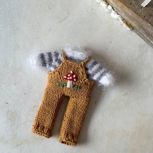 May include: A knitted brown overall with a mushroom embroidery and a striped white and gray shirt.
