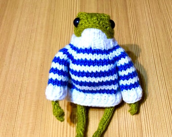 READY to SHIP Cute frog knitted and outfit style , toys for kids, finished toy , blue striped frog