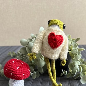 Frog frog with heart sweater crocheted, Green frog knitting, Frog sweater, Cute toy frog, Amigurumi frog, Heart embroidered sweater