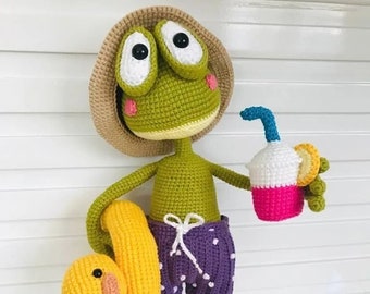 Amigurumi cute summer frog on vacation , Custom Frog ,Finished Toy with Accessories , Christmas gift , gift for kids,handmade toys