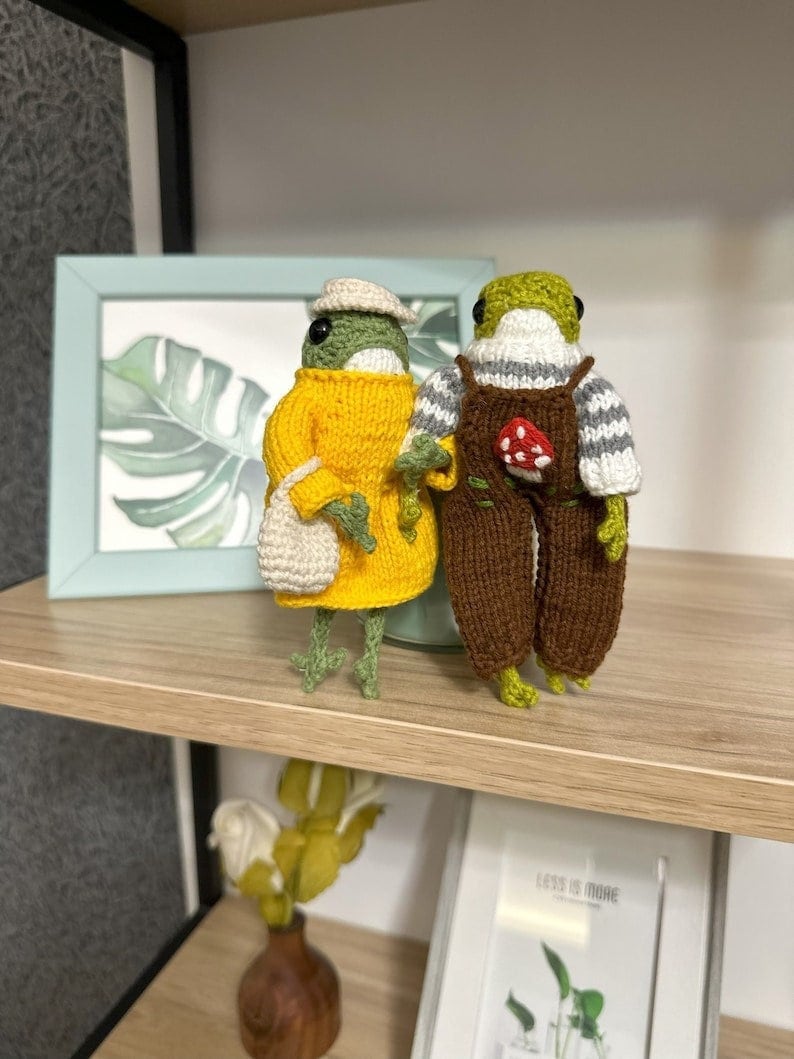 Handmade Crochet Frog: Mushroom Embroidered Jumpsuit, Amigurumi Toy