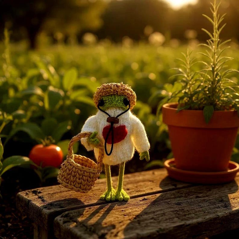 Crochet Cute Frog with his wicker hat and basket aviable in options.