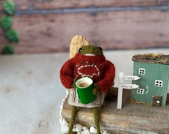 Handmade Knitted Frog in Sweater: Organic Cotton Amigurumi Toy