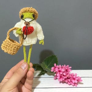 May include: A crocheted green frog doll wearing a tan hat and a white sweater with a red heart on the chest. The frog has long thin legs and holds a small tan crocheted basket. A black cord with a small wooden bead hangs around the frog's neck.