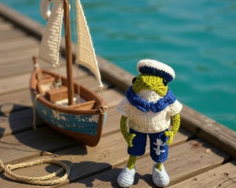 Sailor Frog Handmade Crochet Frog Plush Toy: Organic Cotton Amigurumi Father’s Day Gift