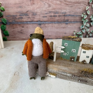 May include: A knitted frog wearing a brown sweater and trousers stands in front of a wooden sign that reads "Dileks World". The frog is standing on a wooden surface with miniature houses behind it.