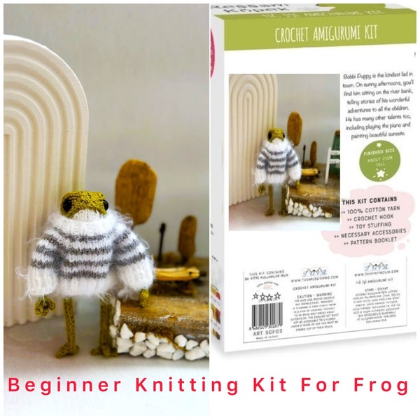 BEGINNER CROCHET KIT Amigurumi Frog with Sweater , Easy Starter Crochet Kit, Amigurumi Kit, Diy Craft Kit Gift, Amigurumi Frog Kit