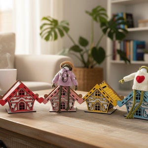 May include: Four small wooden house-shaped ornaments in red, pink, yellow, and blue, each featuring intricate cut-out details. Two small frog-like figures with knitted sweaters are perched on the roofs of the pink and blue houses.