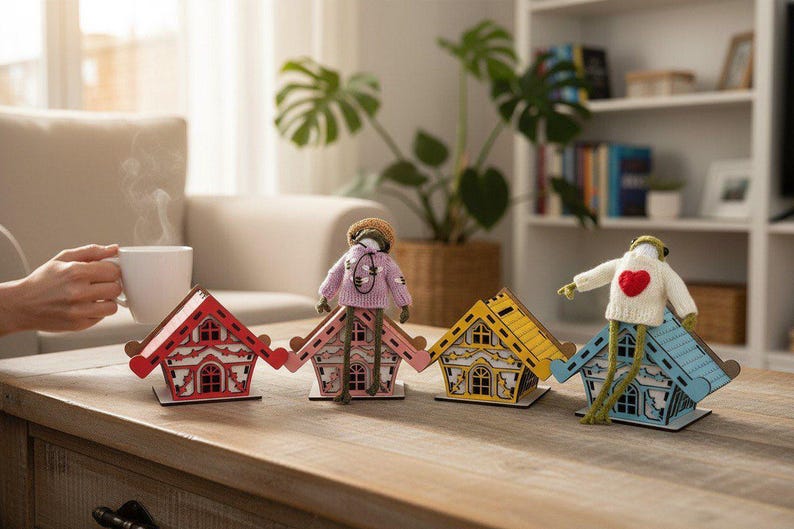 May include: Four small wooden house-shaped ornaments in red, pink, yellow, and blue, each featuring intricate cut-out details. Two small frog-like figures with knitted sweaters are perched on the roofs of the pink and blue houses.