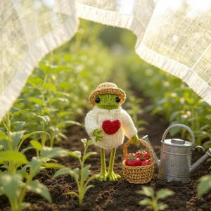 May include: A small green crocheted frog figurine wearing a tan straw hat and a white sweater with a red heart on the chest. The frog holds a small tan woven basket filled with red strawberries next to a miniature silver metal watering can.