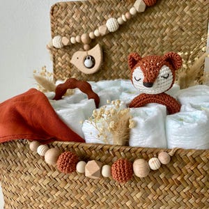 Windelkorb gross Fuchs / Kinderwagenkette Schnullerkette Spucktuch Rassel / gehäkelt / fuchsrot braun / personalisiert / Geschenk zur Geburt