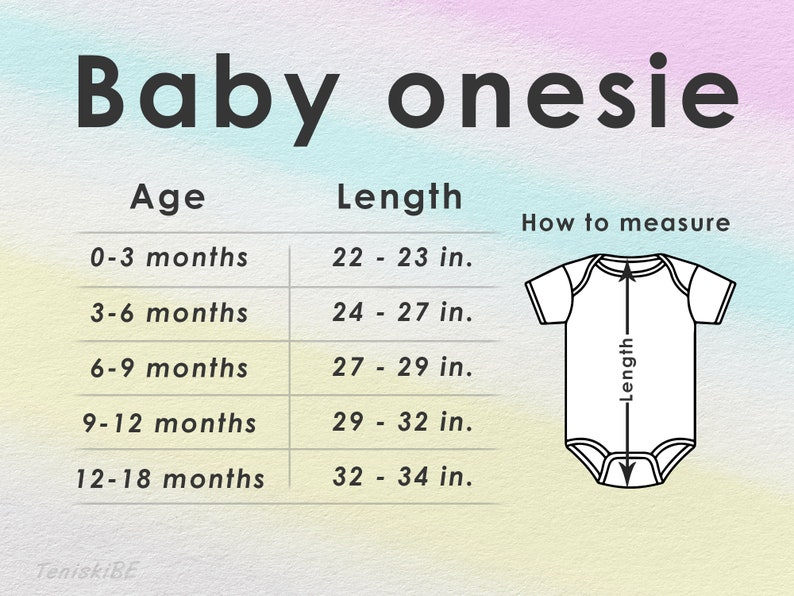 K&ouml;nnte beinhalten: Eine Tabelle, die die L&auml;nge von Baby-Bodys in Zoll f&uuml;r verschiedene Altersgruppen von 0-3 Monaten bis 12-18 Monaten zeigt. Ein Diagramm zeigt, wie man die L&auml;nge eines Bodys misst.