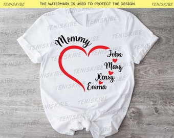 Chemise maman personnalisée, chemise Mama Heart, chemise fête des mères, chemise avec noms d’enfants, cadeau pour mère, chemise maman, chemise maman